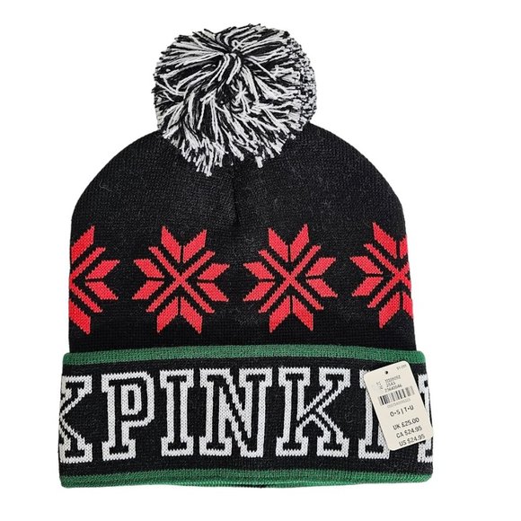 PINK Victoria's Secret Accessories - Victoria's Secret PINK Snowflake Beanie Winter Hat w Pom Pom Black Red Green New